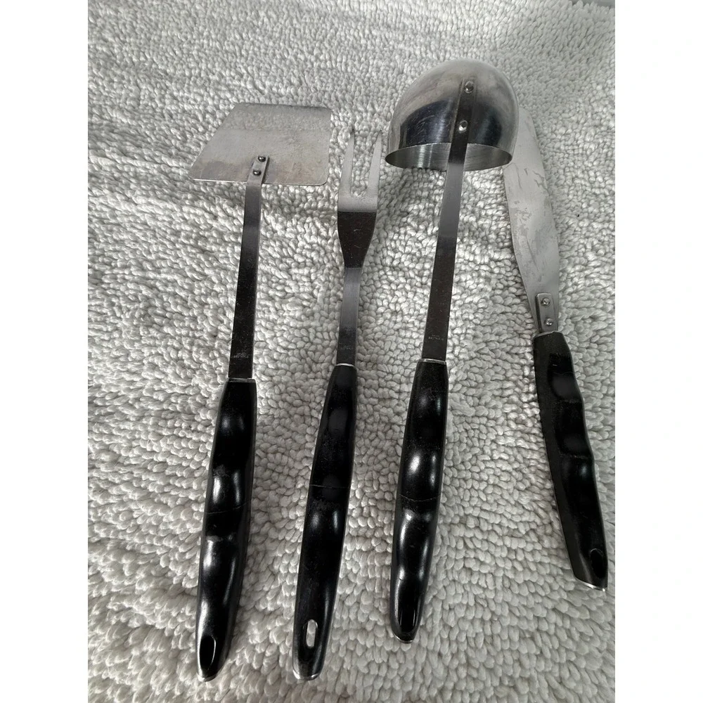 Vintage Stainless Japan 4pc Kitchen Utensil Set Mid Century Modern Black Handles